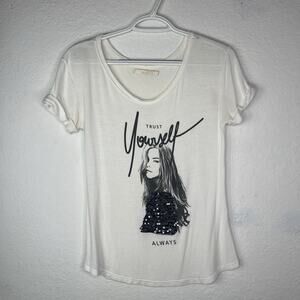 Peen or Peem graphic tee with sequin, "trust yourself always", off white, size M